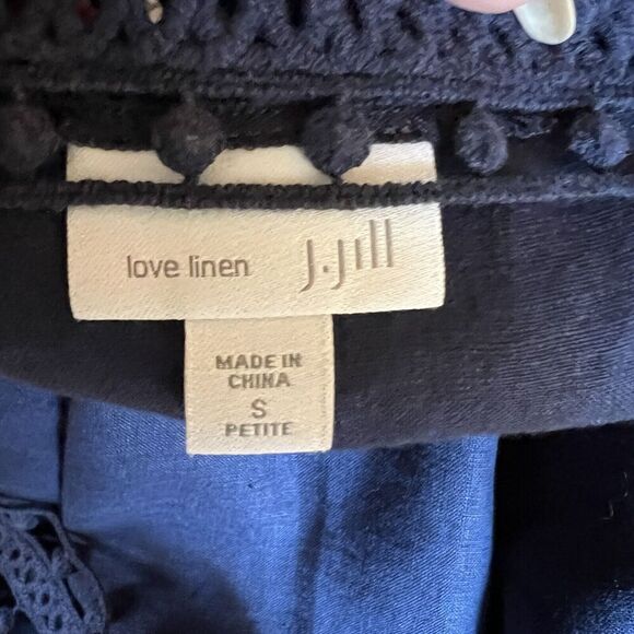 J Jill Love Linen Top Small Petite Navy Blue 3/4 Sleeve Crochet Lace Boxy - Picture 6 of 7